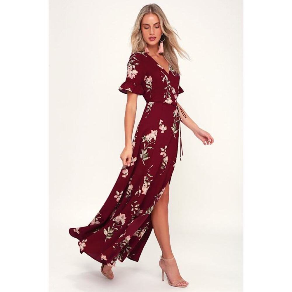 Lulus September Sunsets Burgundy Floral Print Wrap Maxi Dress Red - Size XS